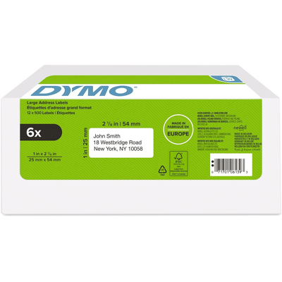 Afbeelding van Dymo etiketten LabelWriter ft 25 x 54 mm, wit, doos van 6 500