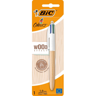 Afbeelding van Bic 4 Colours Wood Style Balpen, Medium, Op Blister Balpen