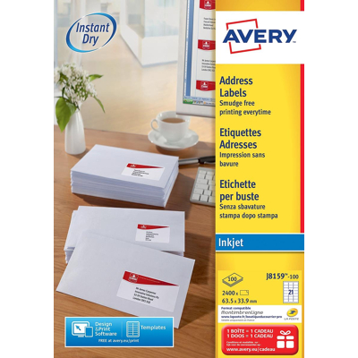 Afbeelding van Avery witte etiketten QuickDry ft 63,5 x 33,9 mm (b h), 2.400 stuks, 24 per blad etiket