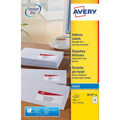 Afbeelding van Avery Witte etiketten QuickDry doos van 40 blad, ft 63,5 x 33,9 mm (b h), 960 stuks, 24 per blad etiket