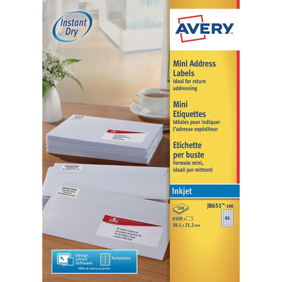 Afbeelding van Avery witte etiketten QuickDry ft 38,1 x 21,2 mm (b h), 6.500 stuks, 65 per blad etiket