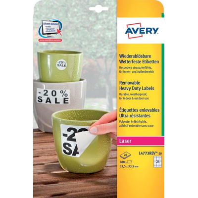 Afbeelding van Avery afneembare weerbestendige etiketten Ft 63,5 x 33,9 mm (b h), wit, doos van 480 etiket