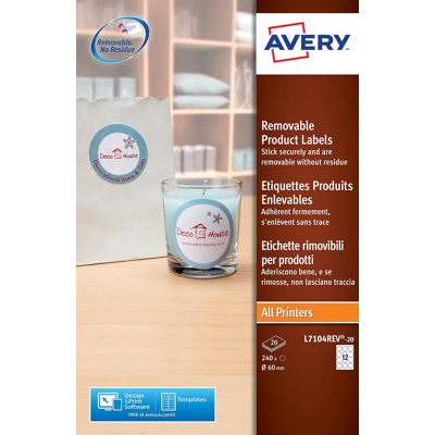 Afbeelding van Avery L7104REV 20 verwijderbare productetiketten, diameter 60 mm, 240 etiketten, wit etiket