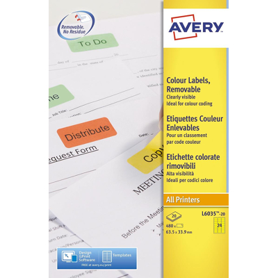 Afbeelding van Avery afneembare gekleurde etiketten ft 63,5 x 33,9 mm (b h), 480 stuks, 24 per blad, geel etiket