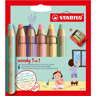Afbeelding van STABILO woody 3in1 kleurpotlood, etui van 6 stuks in pastel kleuren kleurpotlood