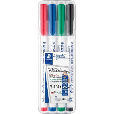 Afbeelding van Staedtler whiteboard pen Lumocolor Pen, opstelbare box met 4 stuks in geassorteerde kleuren whiteboardmarker