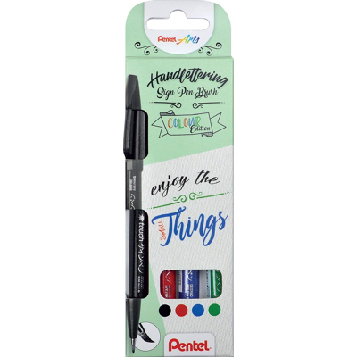 Afbeelding van Pentel brushpen Sign Pen Brush Touch, kartonnen etui met 4 stuks: zwart, blauw, rood en groen