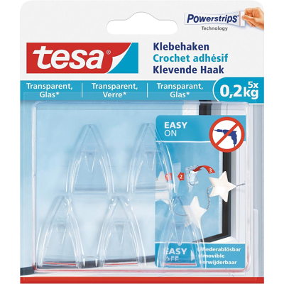 Afbeelding van Tesa klevende haak voor Transparant en Glas, draagvermogen 200 g, blister van 5 stuks