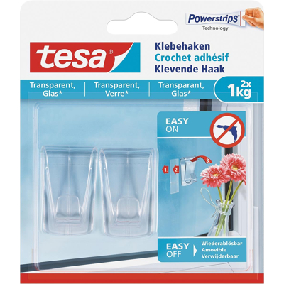 Afbeelding van Tesa klevende haak voor Transparant en Glas, draagvermogen 1 kg, blister van 2 stuks