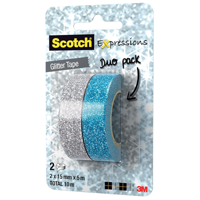 Afbeelding van Scotch Expressions glitter tape, 15 mm x 5 m, blister met 2 stuks in geassorteerde kleuren hobbyplakband
