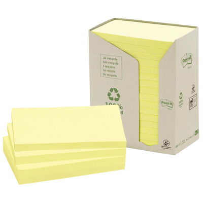 Afbeelding van Post it Recycled Notes, 100 Vel, Ft 76 X 127 Mm, Geel, Pak Van 16 Blokken Memoblok