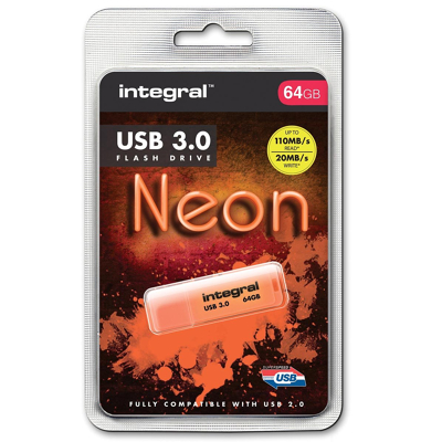 Afbeelding van USB stick 3.0 Integral 64GB neon oranje