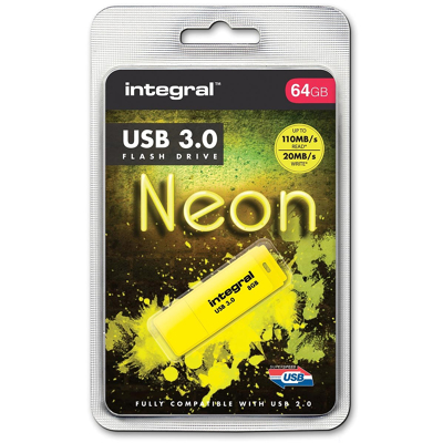 Afbeelding van USB stick 3.0 Integral 64GB neon geel