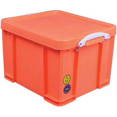 Afbeelding van Really Useful Box Opbergdoos 35 Liter, Neonoranje Met Witte Handvaten