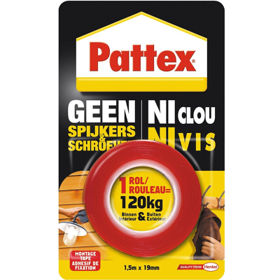 Afbeelding van Pattex montagetape Geen Spijkers &amp; Schroeven, ft 1,5 m x 19 mm, draagt tot 120 kg, blisterverpakking plakband