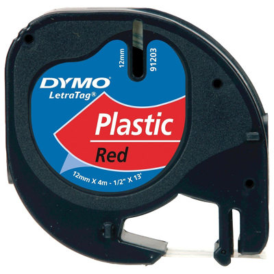 Afbeelding van Labeltape Dymo Letratag 91203 plastic 12mm zwart op rood