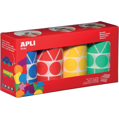 Afbeelding van Apli Kids stickers XL, doos met 4 rollen in kleuren en vormen (blauw, rood, geel groen)