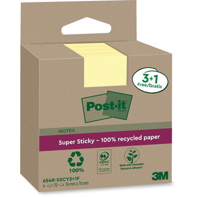 Afbeelding van Post it Super Sticky Notes Recycled, 70 vel, ft 76 x mm, geel, 3 + 1 GRATIS memoblok