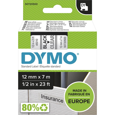 Afbeelding van Dymo 45010 (S0720500) Tape Zwart op transparant (12 mm)