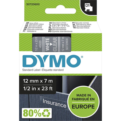 Afbeelding van Dymo 45020 (S0720600) Tape Wit op transparant (12 mm)