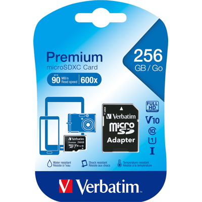Afbeelding van Verbatim microSDXC kaart 256 GB, Premium, klasse 10, U1 90 MB/s, (W) 10 SD adapter, blisterverpakking