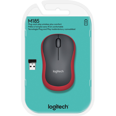 Afbeelding van Logitech Mouse M185, draadloos, rood optisch, 1000 dpi, 3 knoppen, retail
