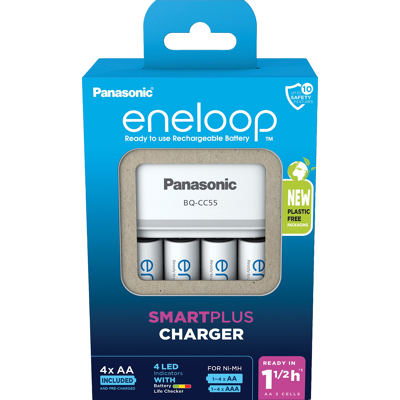 Afbeelding van Panasonic oplaadbare batterij NiMH, universele oplader BQ CC55, AA/AAA eneloop, incl. batterijen, 4x Mignon 2000mAh, retail