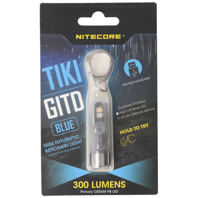 Afbeelding van Nitecore TIKI GITD, Glow in the dark, met UV LED, sleutelhangerlampje, oplaadbaar blauw