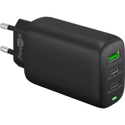 Afbeelding van Goobay USB C PD triple multiport snellader (65 W) zwart oplaadadapter met 2x poorten (Power Delivery) en 1x A poort (Quick Charge ...