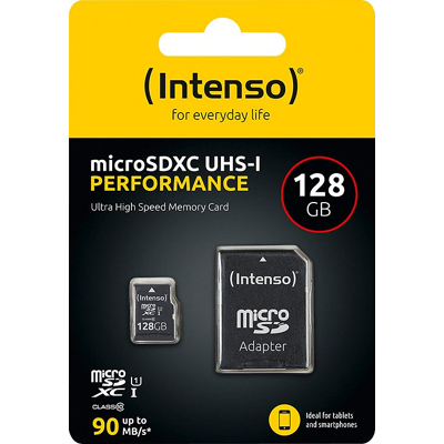 Afbeelding van Intenso microSDXC kaart 128 GB, prestatie, klasse 10, U1 90 MB/s, (W) 10 SD adapter, blisterverpakking