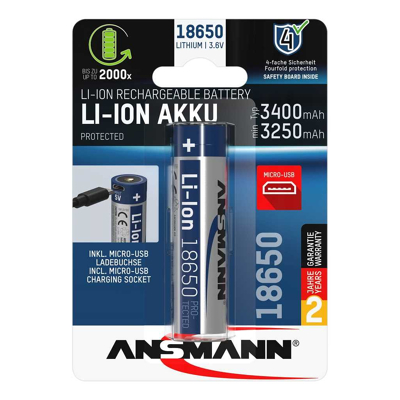 Afbeelding van Ansmann LiIon 18650 3.6V 3400mAh met micro USB oplaadbus beveiligingsschakeling