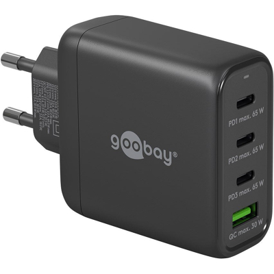 Afbeelding van Goobay USB C PD multiport snellader (68 W) zwart 3x poorten (Power Delivery) en 1x A poort (Quick Charge)