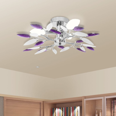 Afbeelding van Plafondlamp witte en paarse acryl kristal bladeren 3xE14