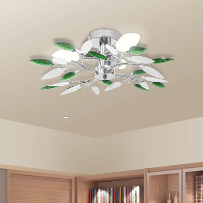 Afbeelding van Plafondlamp witte en groene acryl kristal bladeren 3xE14