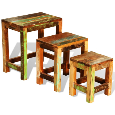 Afbeelding van 3 delige Bijzettafeltjesset vintage stijl gerecycled hout