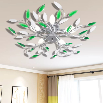 Afbeelding van Lamp met kristallen bladeren van acryl voor 5x E14 wit/groen