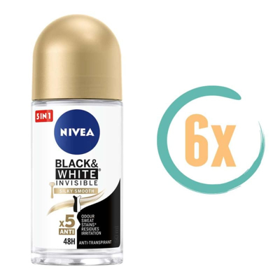 Afbeelding van 6x NIVEA Women &quot;Invisible Black &amp; White Silky Smooth&quot; Deo Roll on 50ml