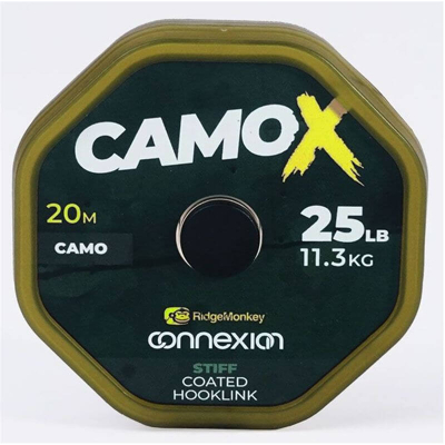 Imagen de RidgeMonkey Connexion Camo X Stiff Coated Hooklink 35lb/15,9kg 20m Material para bajos de línea carpfishing