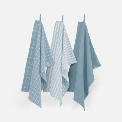 Afbeelding van Keukenset Dry w. Cubes Uni, Stripes &amp; Blocks Jeans Blauw 3x 50x70