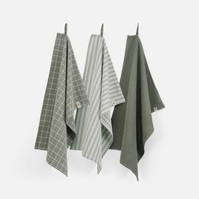 Afbeelding van Keukenset Dry w. Cubes Uni, Stripes &amp; Blocks Legergroen 3x 50x70
