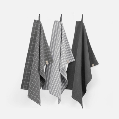 Afbeelding van Keukenset Dry w. Cubes Uni, Stripes &amp; Blocks Off Black 3x 50x70