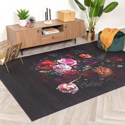 Afbeelding van Bloemen vloerkleed Florine Zwart Roze 80x150cm FRAAI