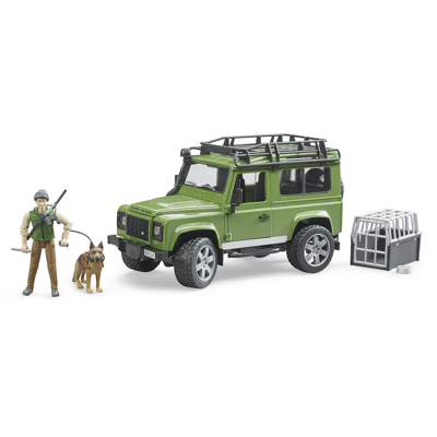 Abbildung von Bruder Land Rover Defender Station Wagon mit Förster und Hund 1:16