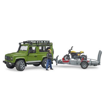 Abbildung von Bruder Land Rover Defender mit Anhänger, Scrambler Ducati Full Throttle und Fahrer 1:16