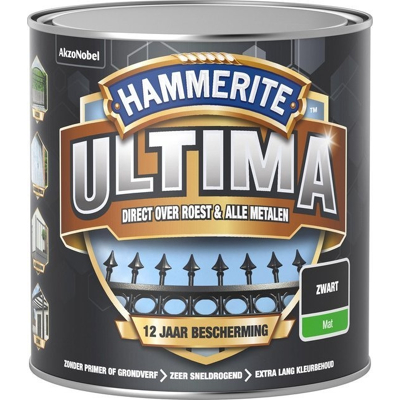 Afbeelding van Hammerite Ultima Metaallak Mat Zwart 0,25 liter Kunststof &amp; metaal verf