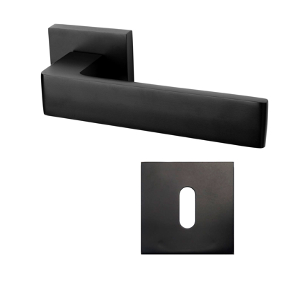 Afbeelding van Nova21 geveerde deurklink in zwart met vierkante sleutelrozetten
