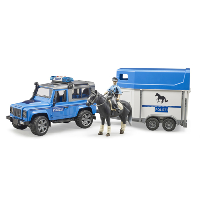 Afbeelding van Land Rover Defender Véhicule de police, remorque à chevaux, cheval + policier Bruder