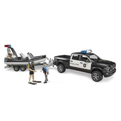 Afbeelding van Bruder Dodge RAM 2500 Politie Pick Up met boot en 2 speelfiguren