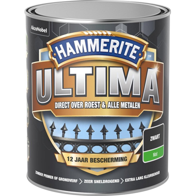 Afbeelding van Hammerite Ultima Metaallak Mat Zwart 0,75 liter Kunststof &amp; metaal verf