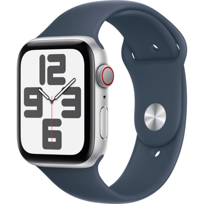 Abbildung von Apple Watch SE 2023 4G 44mm Silber (Blaues Silikon Armband S/M)